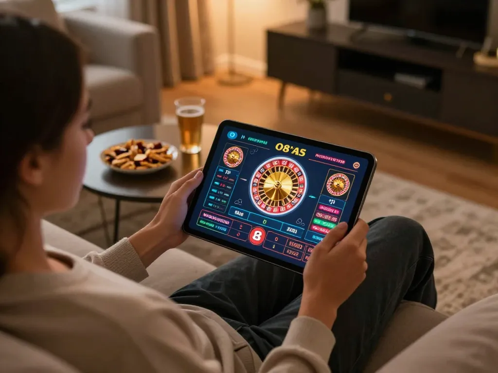 Person engaging with O8 live roulette on a tablet in a cozy evening setting.