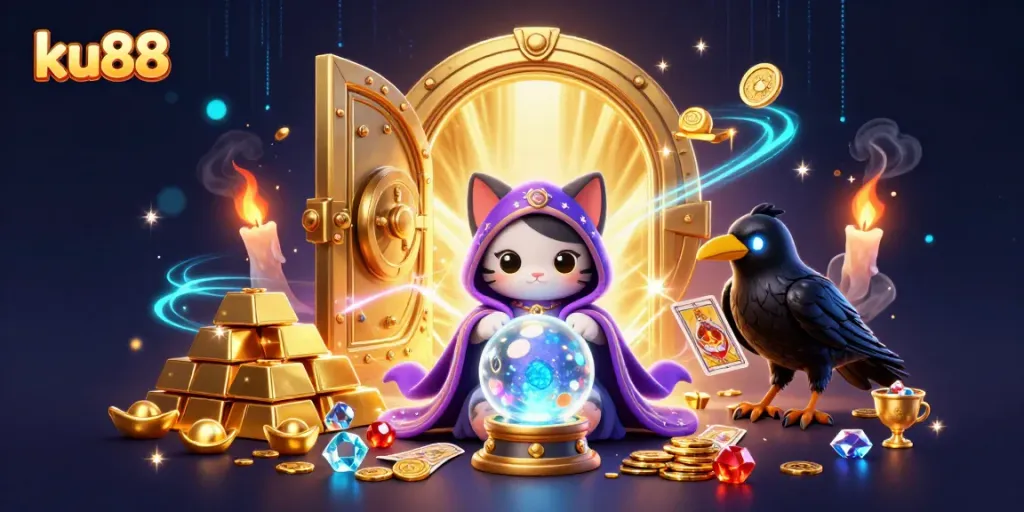 Exciting gaming action at ku88 featuring a fortune teller cat, mystical raven, and gold treasure elements.