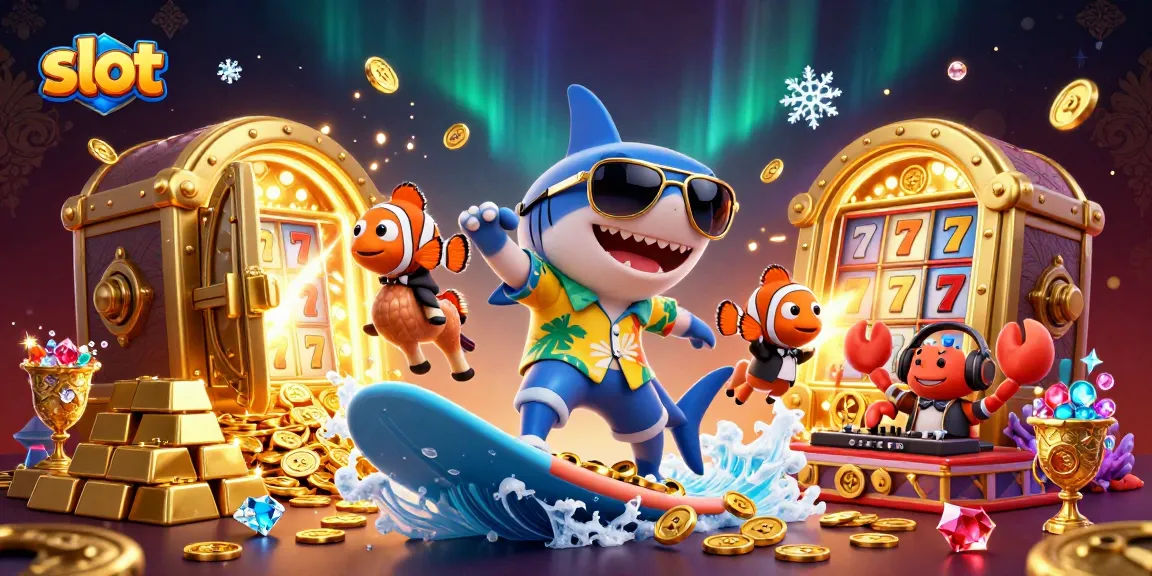 Spin the slot reels with the hammer-head shark and friends amidst gold coins, gems, and exciting casino elements.