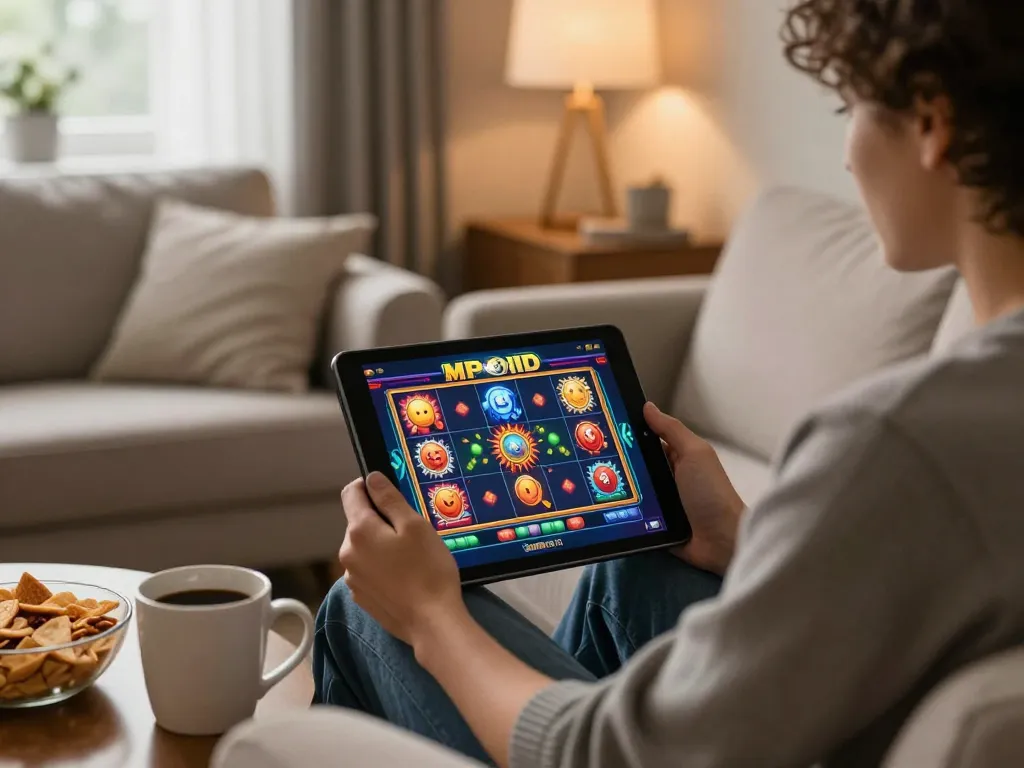 Engaging in the mpoid slot game online from a cozy home setup with a tablet and snacks.