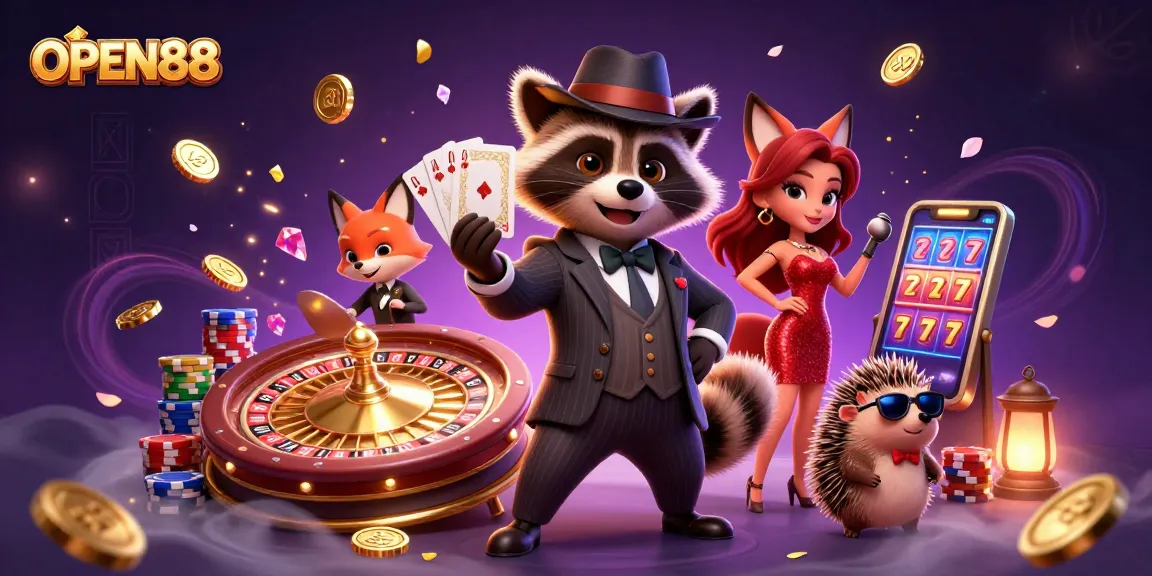 OPEN88 shows 3D characters in a lively casino scene with cards, chips, and coins flying!