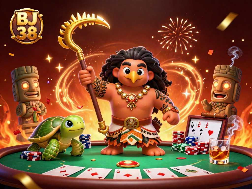 Experience thrilling gameplay with BJ 38 and vibrant poker elements in a dazzling casino scene.