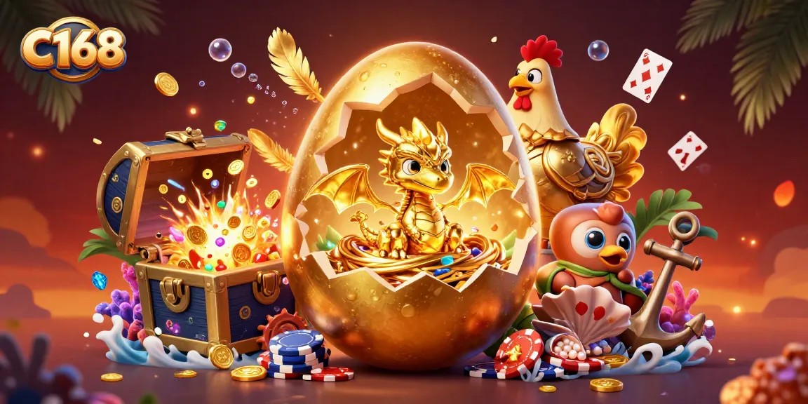 Experience the thrill of C168 as a golden dragon emerges atop poker chips, surrounded by vibrant gaming elements.