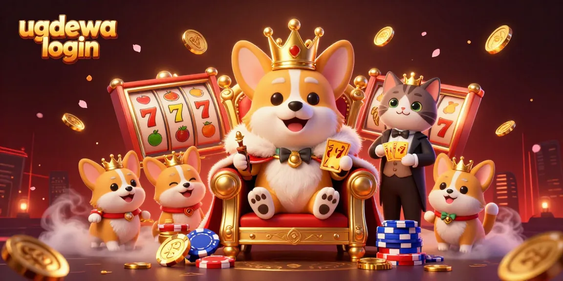 Play the exciting ugdewa login slots with a royal corgi surrounded by vibrant game elements.