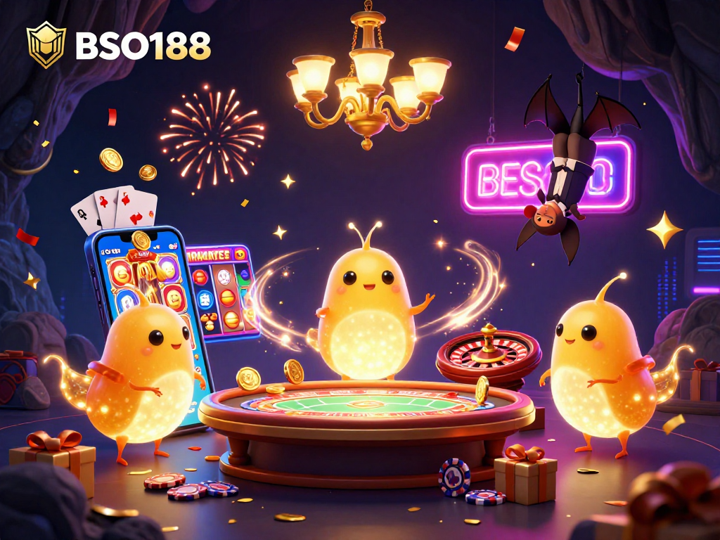 Experience the vibrant 3D world of BSO188 with glowworms lighting the casino, creating excitement and fun.