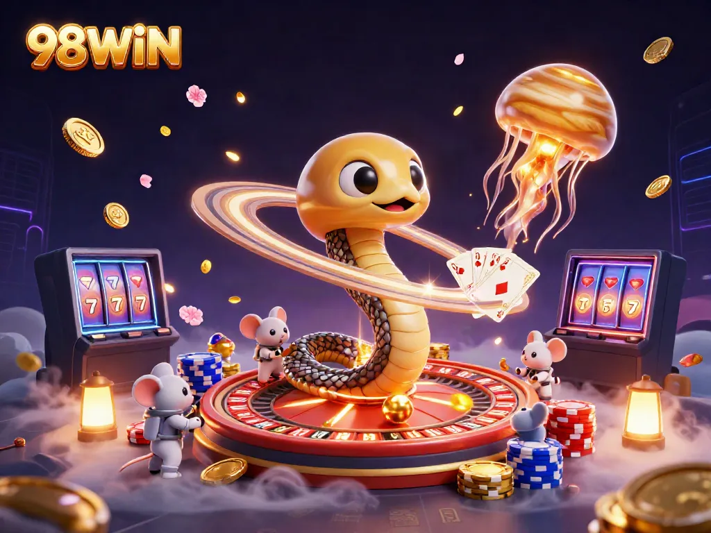 Experience thrilling gaming action at 98WIN with the snake roulette wheel and tiny astronaut mice betting.