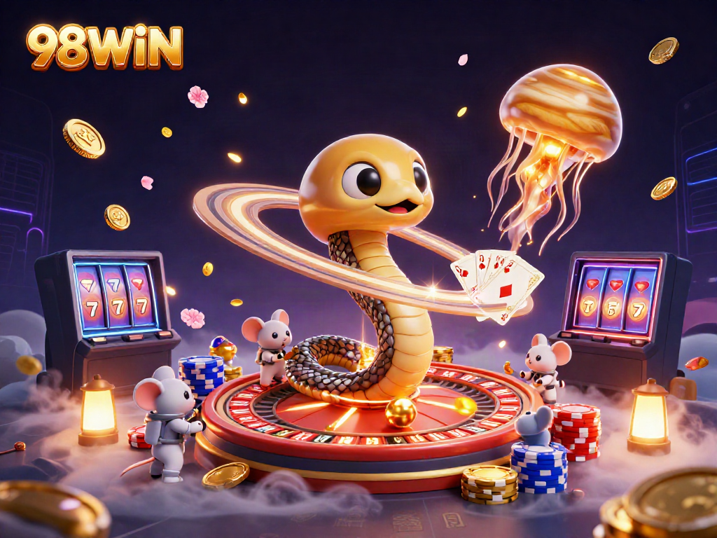 Experience thrilling gaming action at 98WIN with the snake roulette wheel and tiny astronaut mice betting.