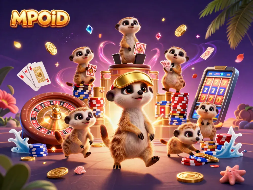 MPOID meerkats managing a casino, showcasing vibrant chips and coins, lively atmosphere.