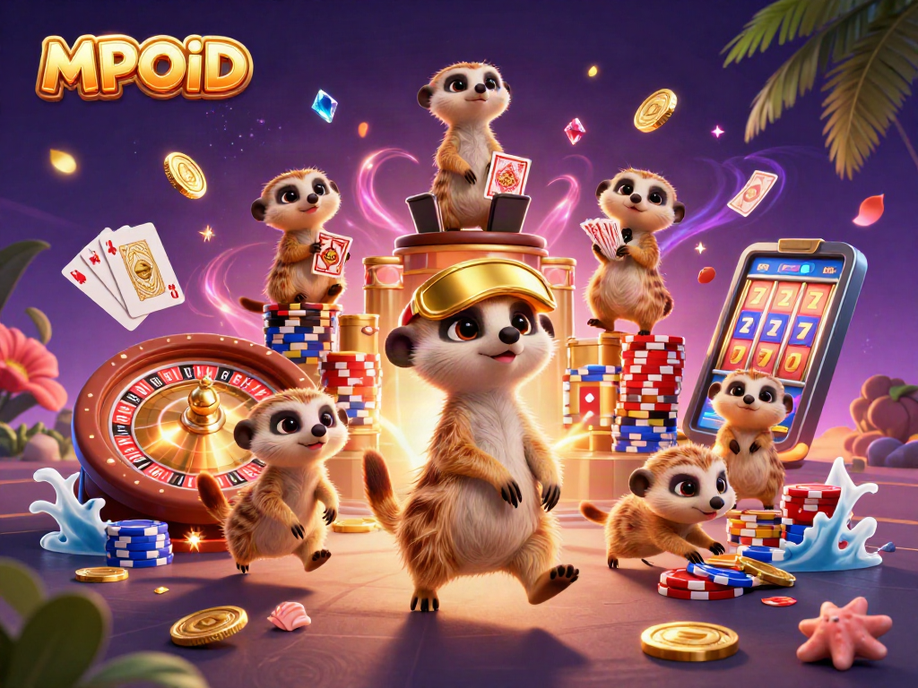 MPOID meerkats managing a casino, showcasing vibrant chips and coins, lively atmosphere.