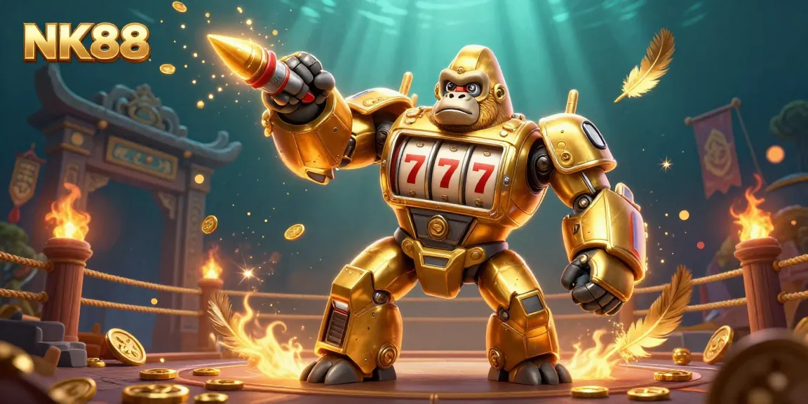 Experience thrilling casino excitement with NK88 featuring dynamic golden gorilla mech and vibrant game elements.