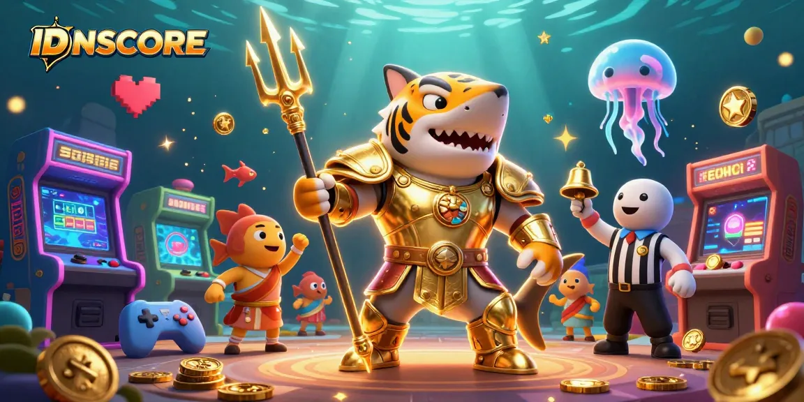 Engage with IDNSCORE in an exciting underwater casino scene featuring a shark warrior and vibrant game elements.