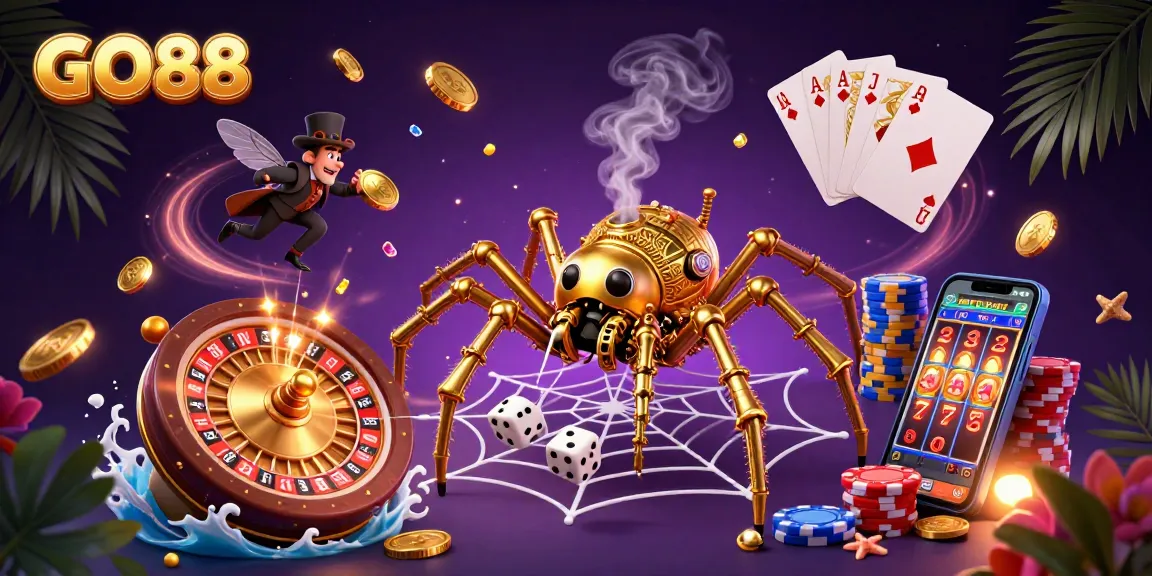 Engage with GO88's captivating gaming experience featuring a steampunk spider and roulette action.