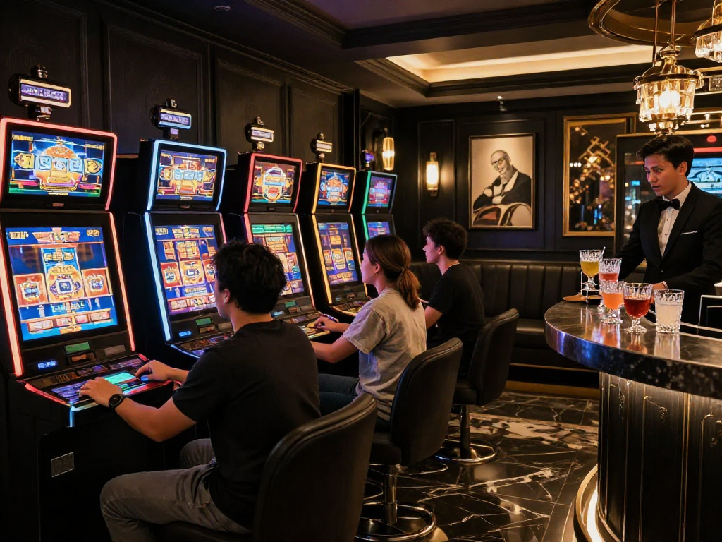 Players enjoying the rokok88 slot login experience in an elegant gaming lounge with sophisticated décor and immersive ambiance.