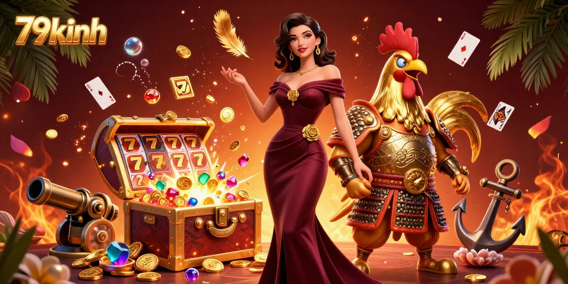 Win with 79kinh in a vibrant casino scene featuring a luxurious lady and a golden rooster warrior.