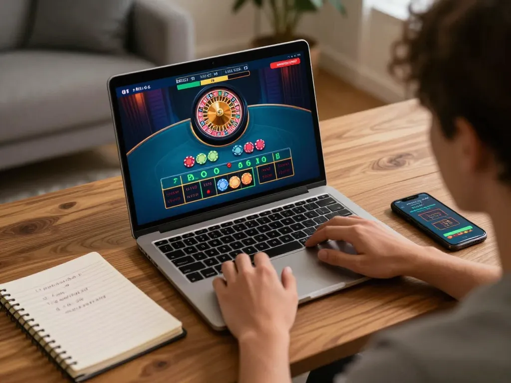 Engaging in live dealer games on a laptop, optimizing situs toto gameplay strategies at home.