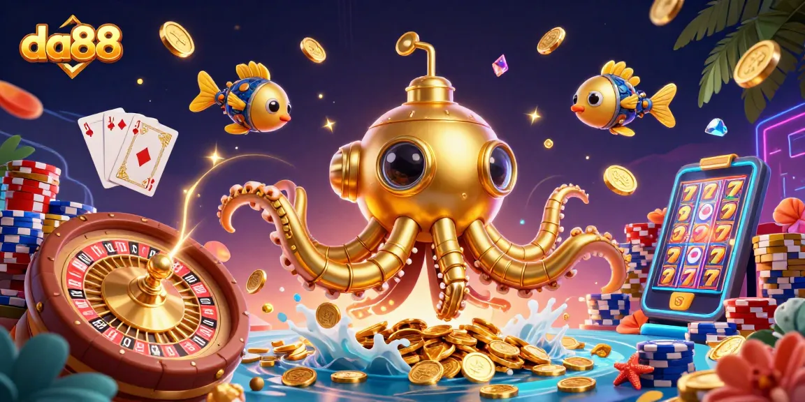 Win big with da88 at this exciting online casino featuring a golden kraken and dynamic game elements.