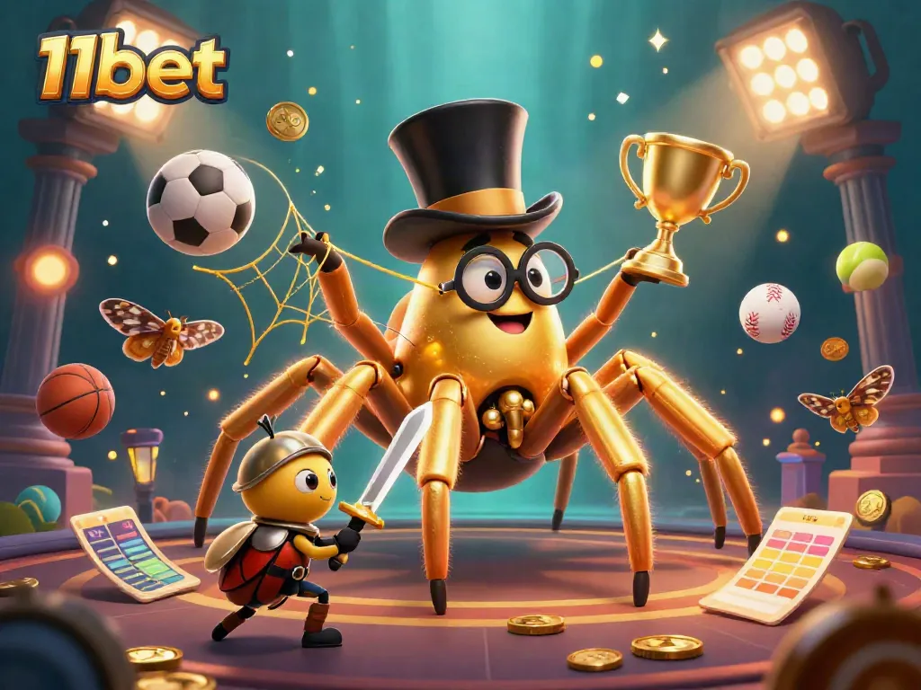 Experience thrilling victories at 11bet, featuring a golden tarantula and knight in an energetic casino scene.