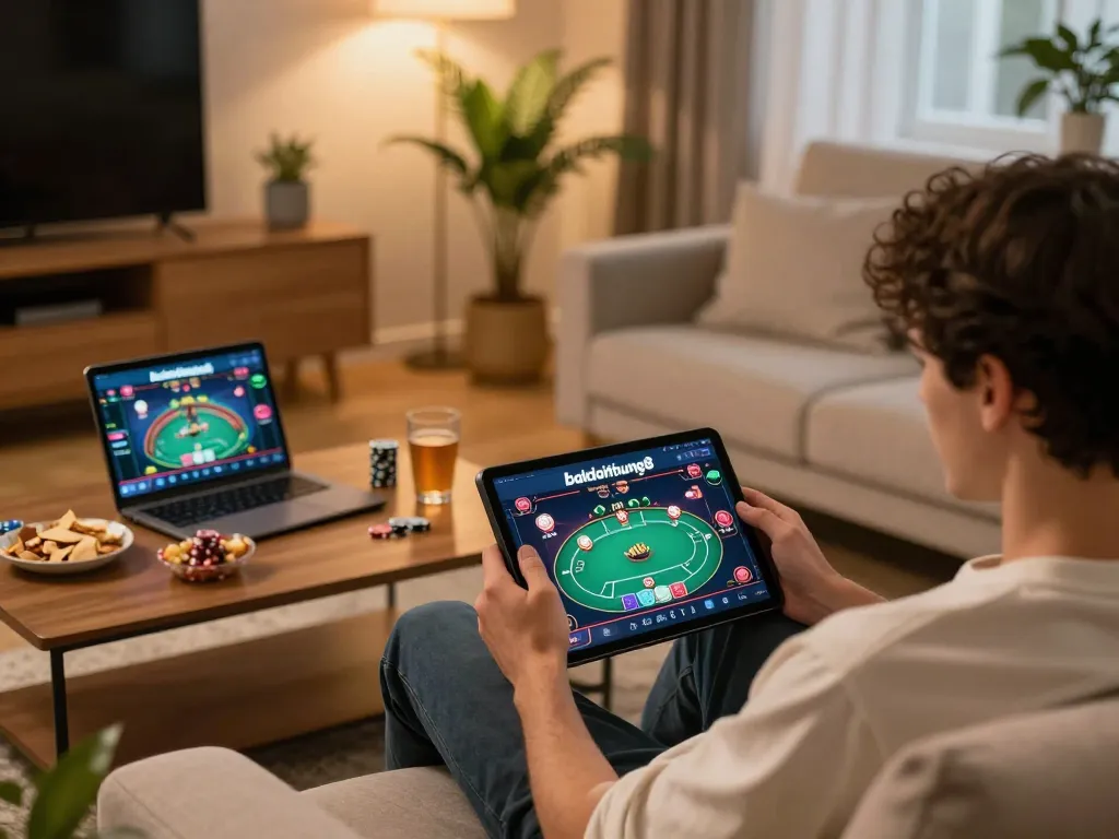 Engaging in responsible gaming on gamebaidoithuong8 through a tablet in a cozy living room