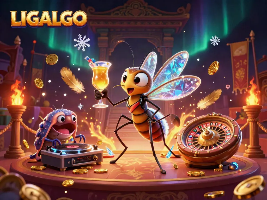 LIGALGO showcases a vibrant casino scene with a frozen mosquito mascot and a trilobite DJ.