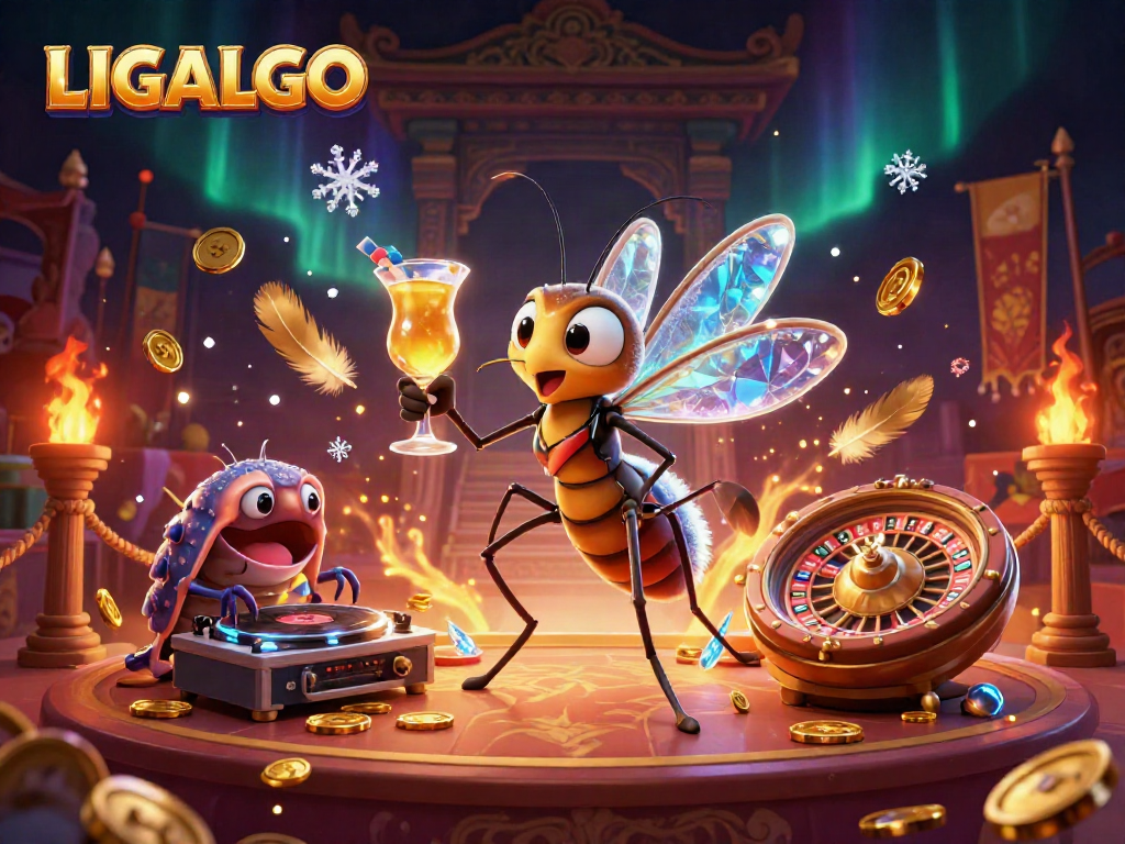 LIGALGO showcases a vibrant casino scene with a frozen mosquito mascot and a trilobite DJ.