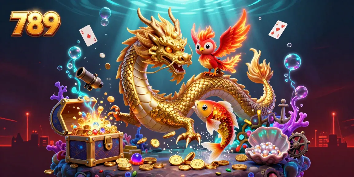 Bet on thrilling casino experiences with 789; a fierce dragon, phoenix, and koi fish amidst gold coins.