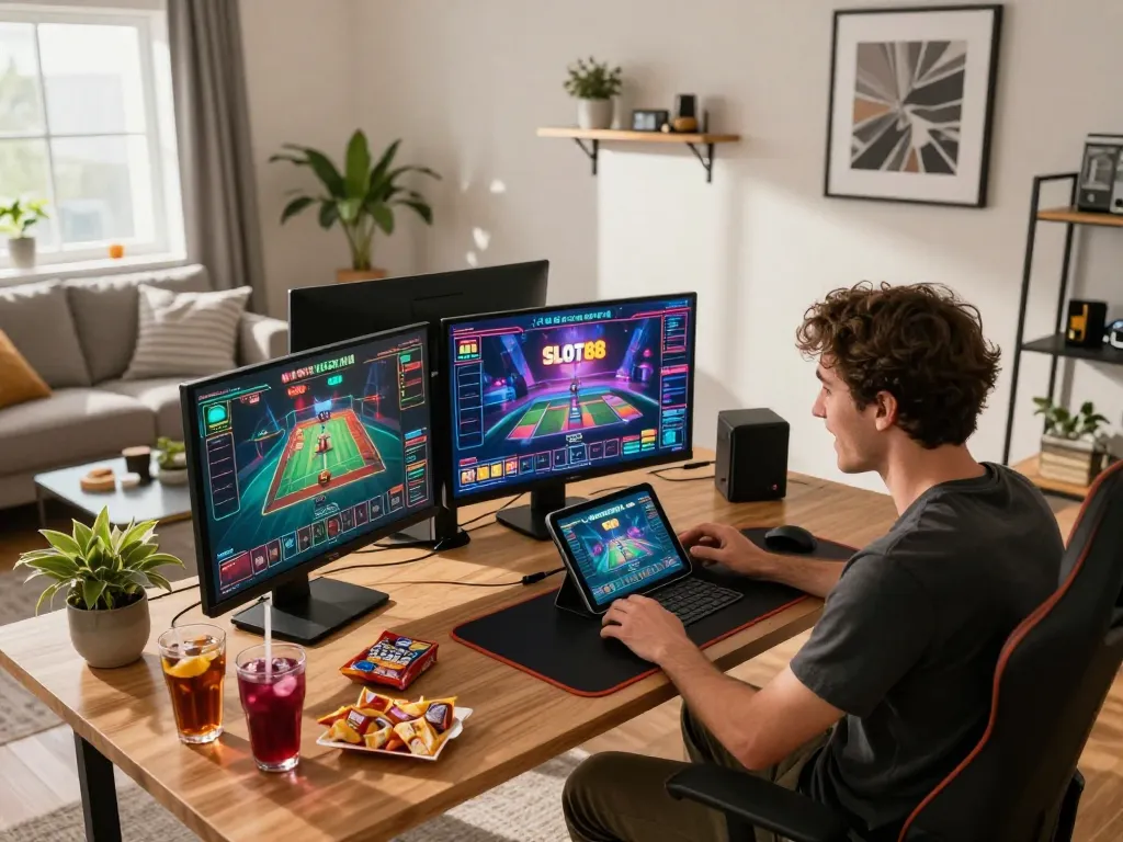 SLOT88 online gaming setup featuring a tablet displaying gameplay, enhancing strategic betting experience.