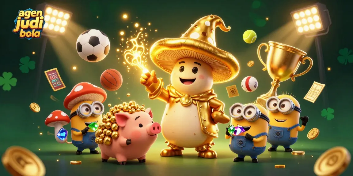 Engage in thrilling bets at agen judi bola, featuring magical wizards, sports elements, and dynamic treasures.
