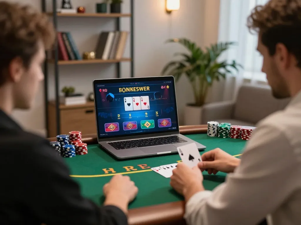 TG88 player engaged in online poker game at home, showcasing strategic betting action.