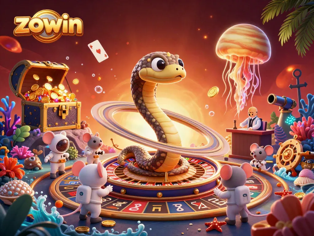 Zowin casino scene featuring astronaut mice betting on a roulette wheel, immersed in vibrant underwater treasures.
