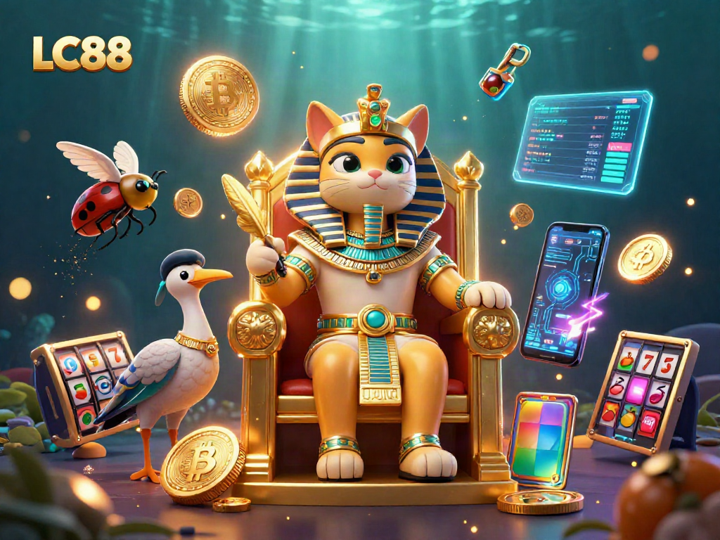 Spin for rewards at LC88 with an Egyptian cat pharaoh and crypto elements surrounding a golden throne.