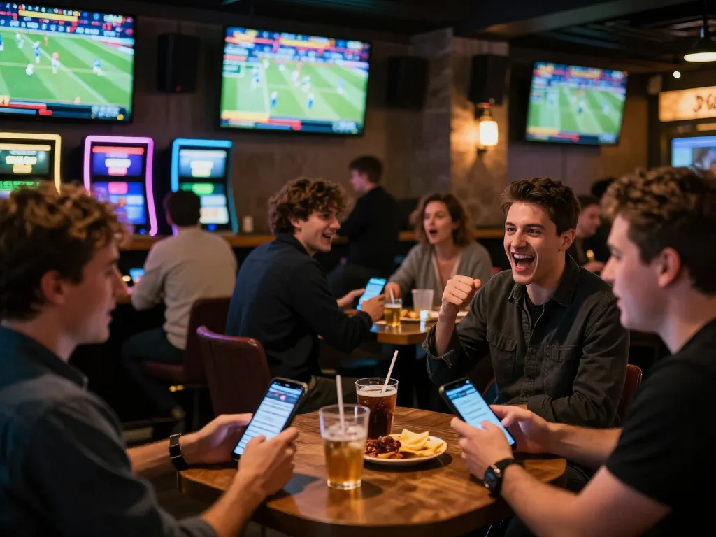 Betting with excitement at abc8go sports bar during live event, showcasing mobile strategies and camaraderie