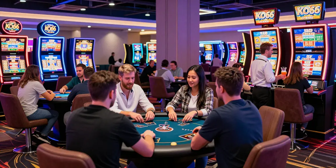 Players enjoying a lively gaming experience at KO66 Casino, featuring bright lights and engaging games.