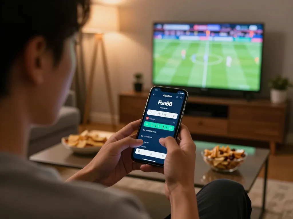 Engaging in sports betting on Fun88 app while enjoying a game at home