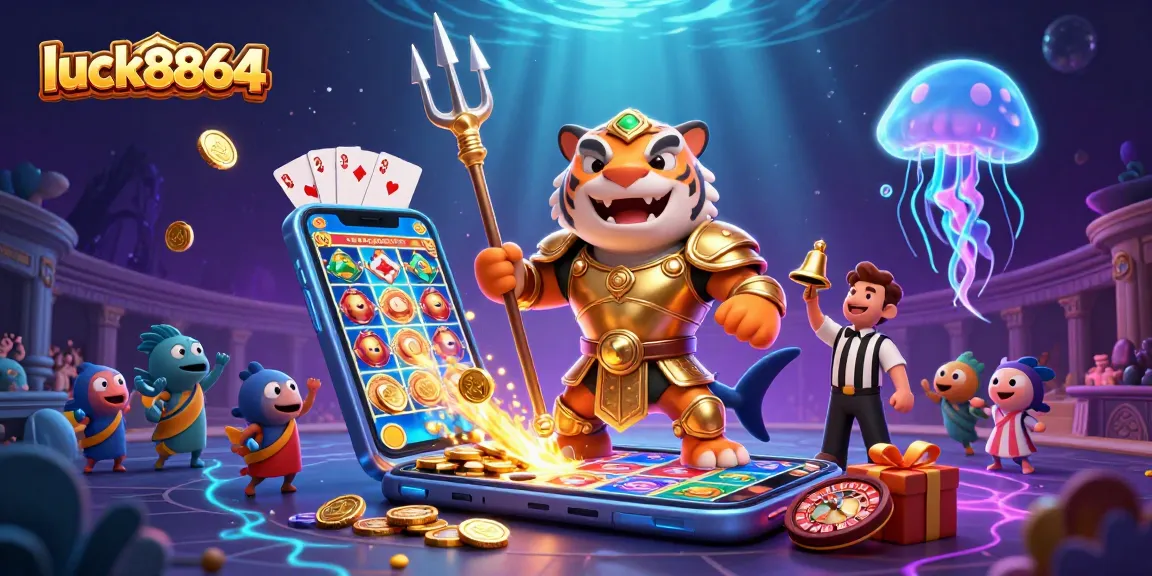 Engage with luck8864's vibrant underwater casino scene featuring a golden gladiator shark and exciting casino games.