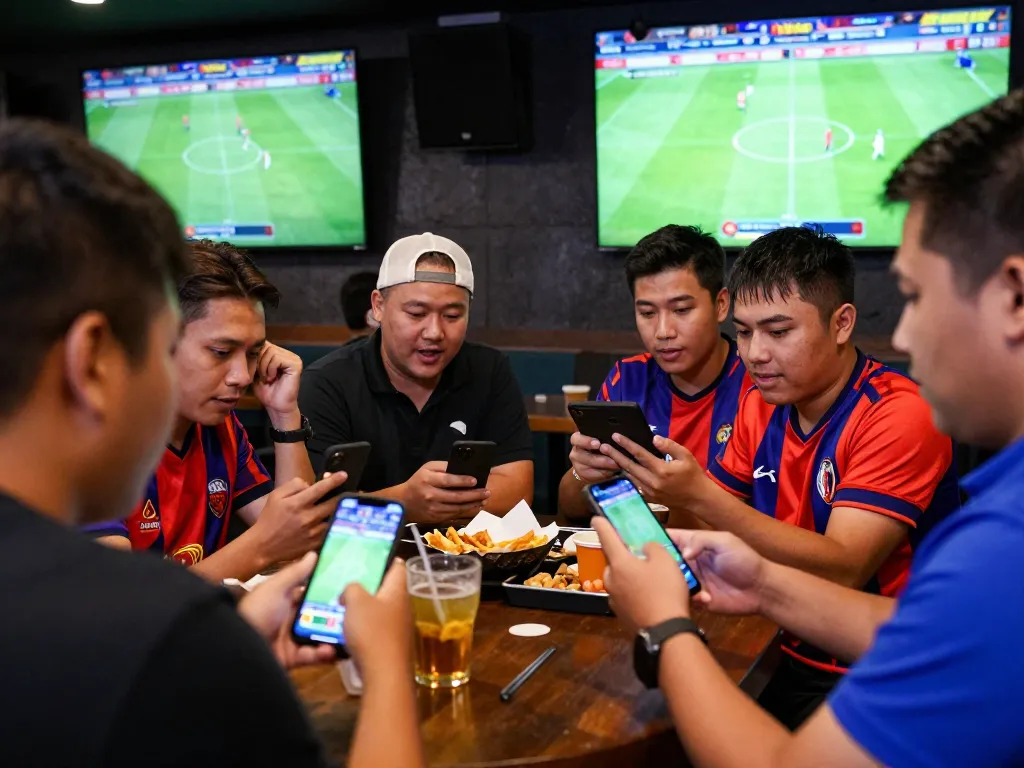 Live sports fans engaging with link sbobet88 for betting excitement at a lively sports bar.