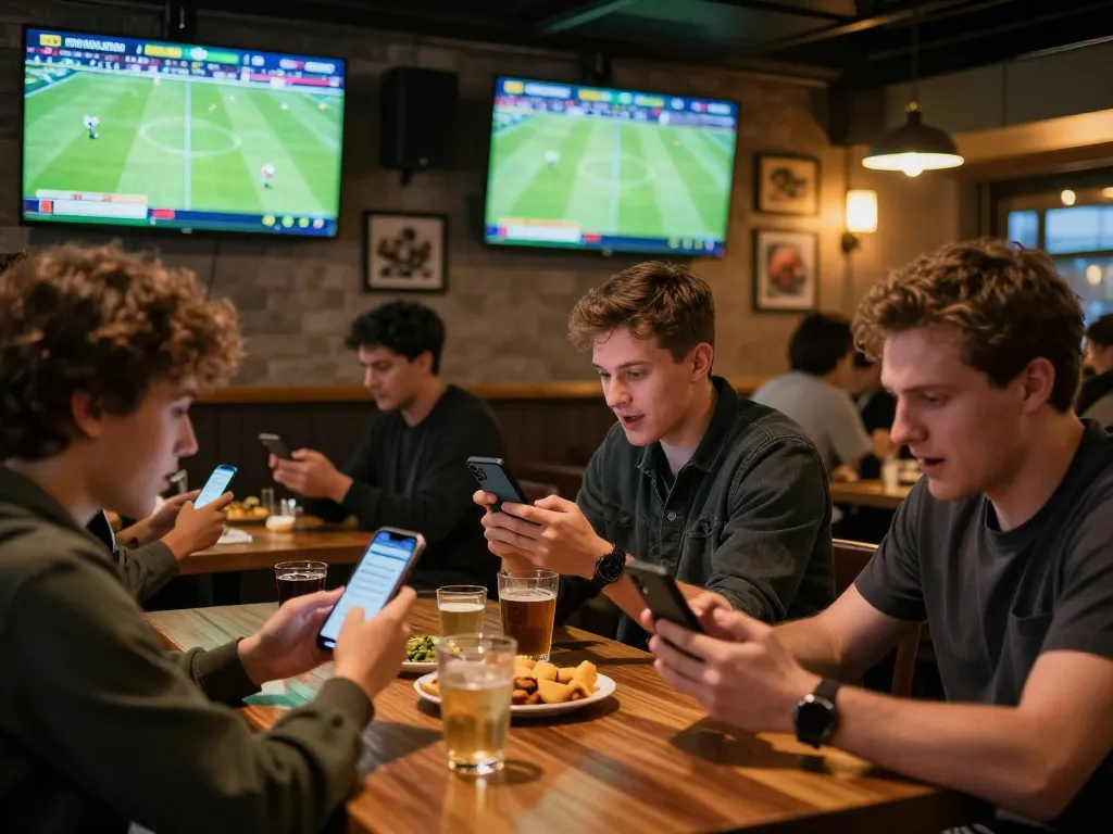 Engaged punters using bongdallu app for live betting during intense football match at a lively sports bar.