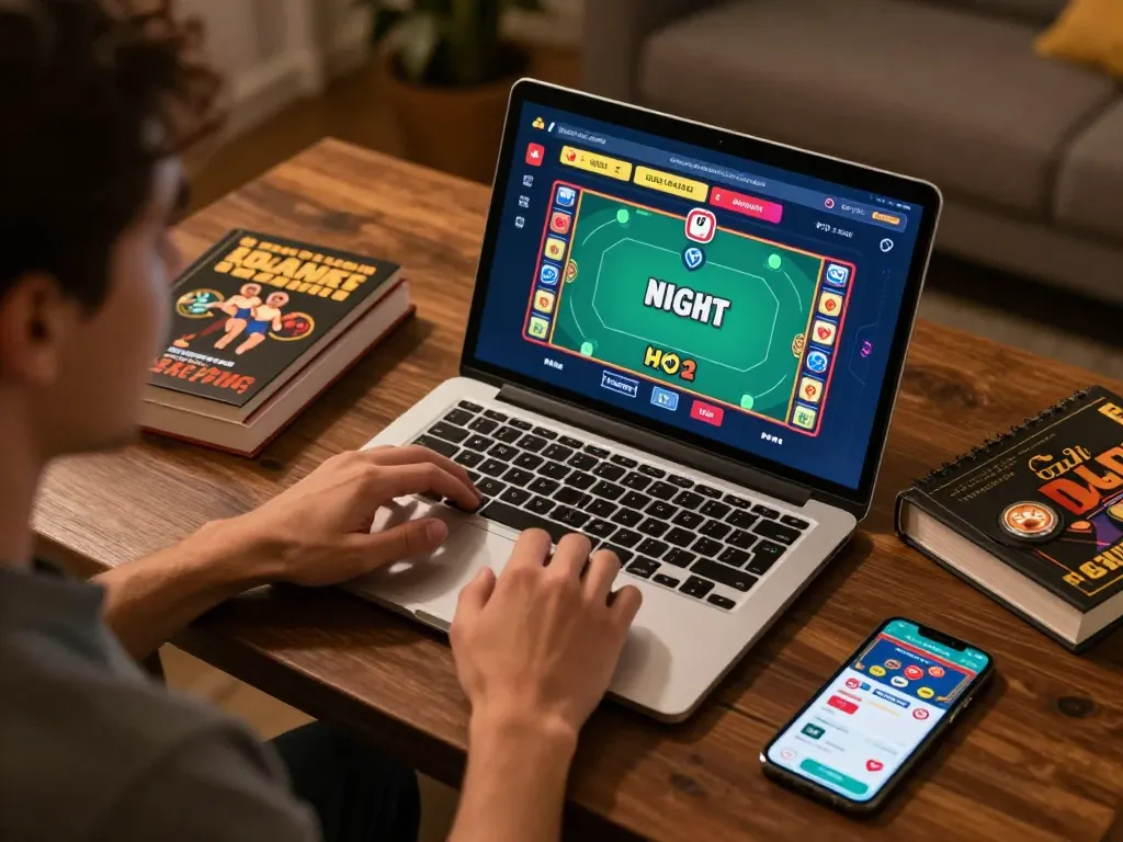 Player immersed in a sun win online poker game, engaging with strategy notes and a betting app.