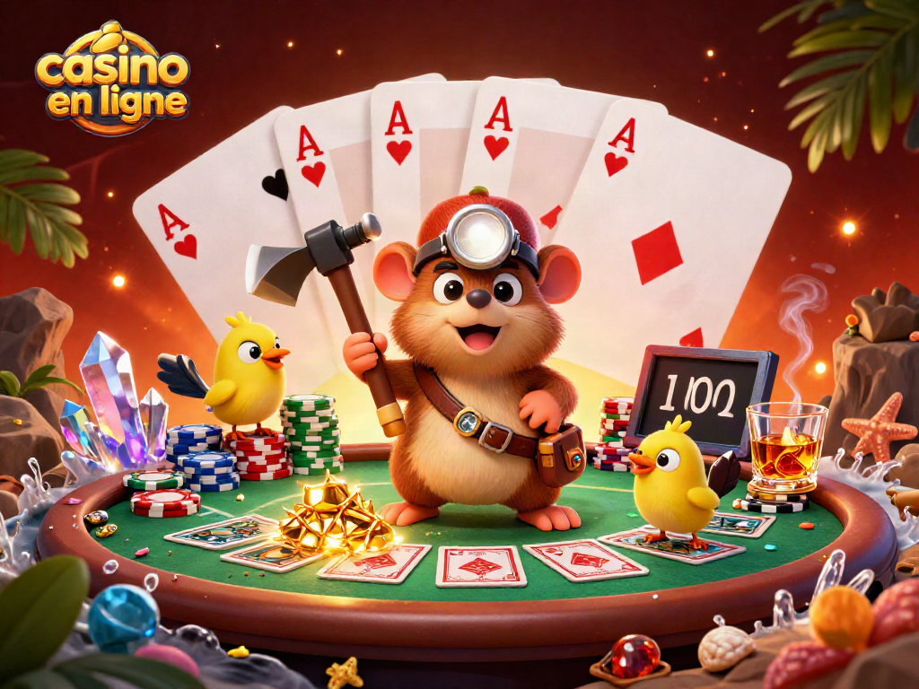 Jouez au casino en ligne avec notre illustration riche en détails, mettant en avant des éléments de poker et un récit captivant.