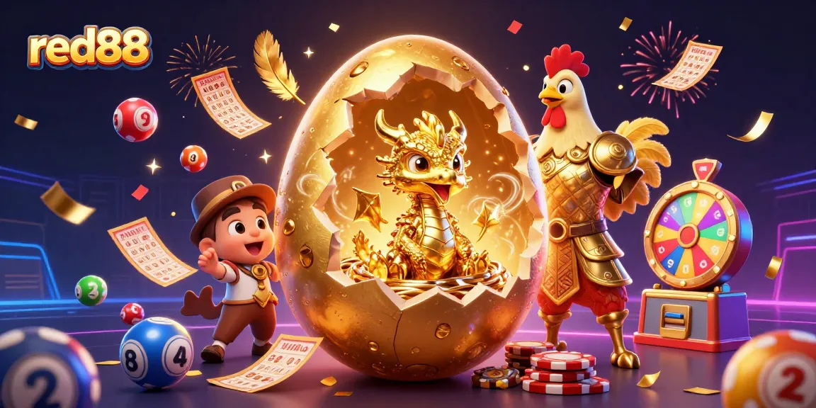 Engage with red88's vibrant gambling scene featuring a golden dragon, poker chips, and exciting lottery elements.