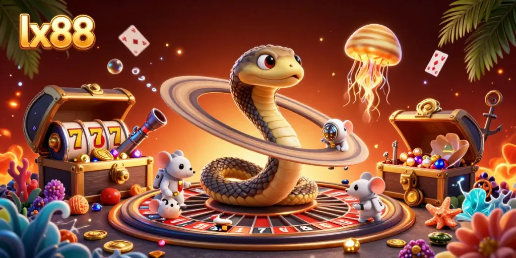 Engage with LX88's thrilling casino scene featuring a snake and astronaut mice enjoying games under the stars.