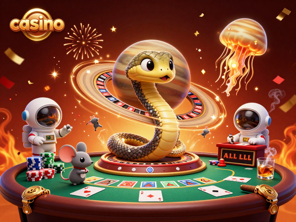 Engaging 3D casino illustration showcasing Saturn and roulette theme with vibrant gaming elements and characters.
