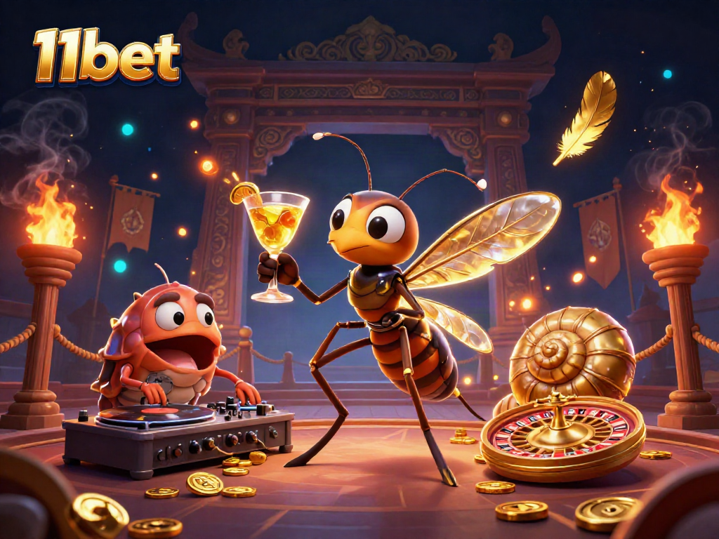Play with 11bet's golden gaming elements featuring a lively casino scene with vibrant characters.