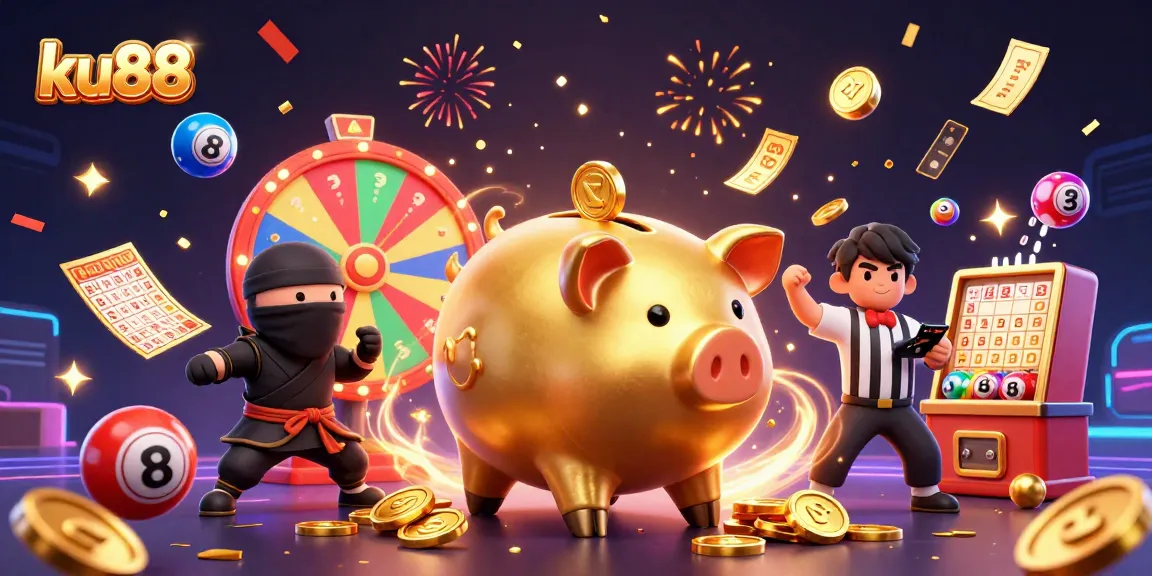 ku88 gaming scene showcasing a sumo wrestler piggy bank amid lottery excitement and golden coins