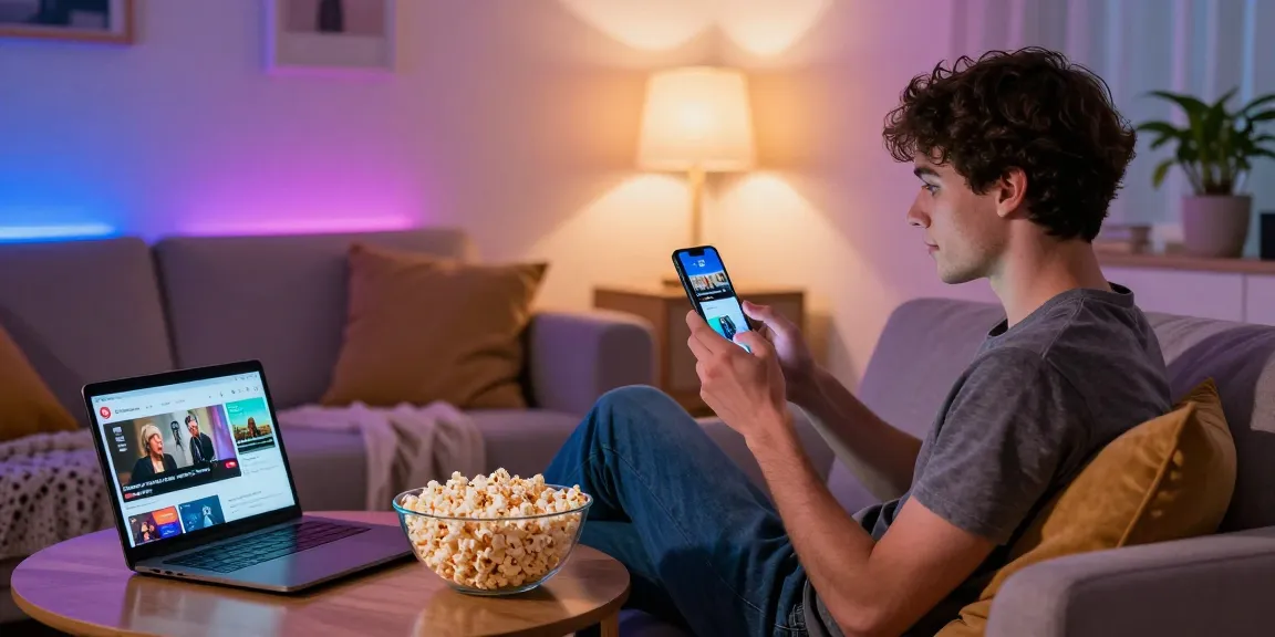 Youth enjoying movies on Pikashow APK in a cozy living room, showcasing vibrant atmosphere and streaming setup.