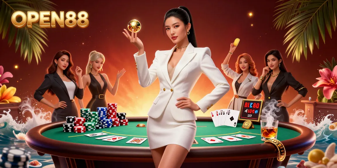 OPEN88 captivates with a stunning roulette scene featuring a confident woman in a tuxedo.
