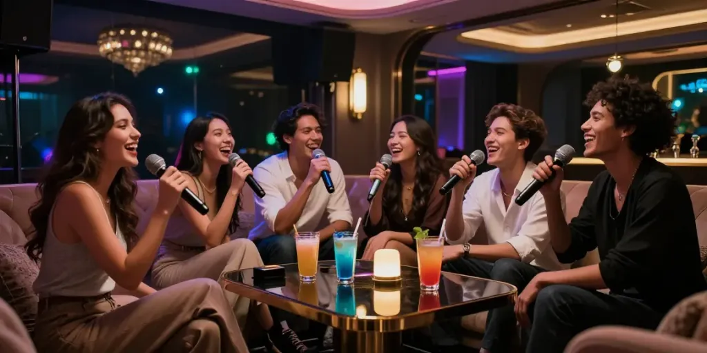 강남 세이렌에서 고급스럽고 화려한 노래방에서 즐거운 파티를 만끽하는 모습.