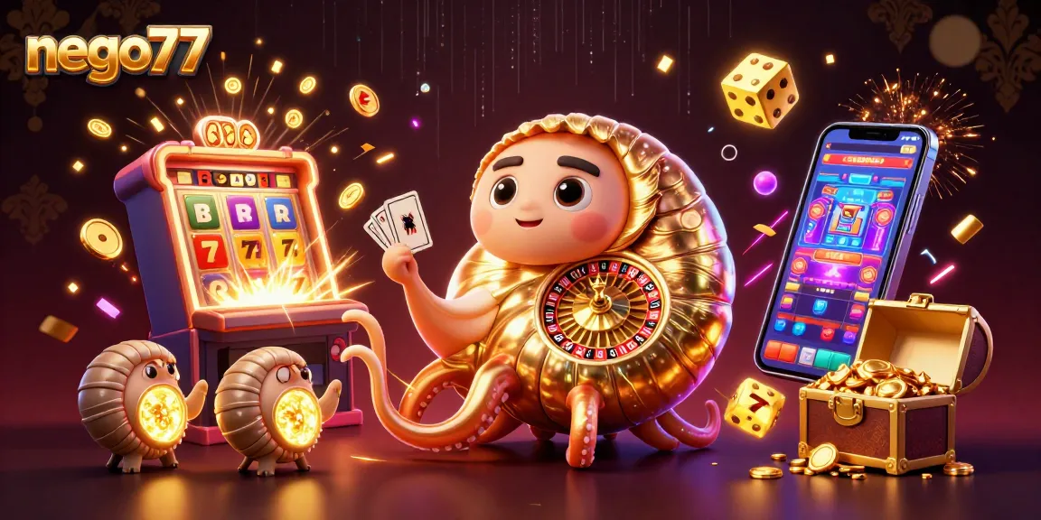 Engage with NEGO77's dynamic betting scene featuring a giant nautilus roulette wheel and vibrant casino elements.