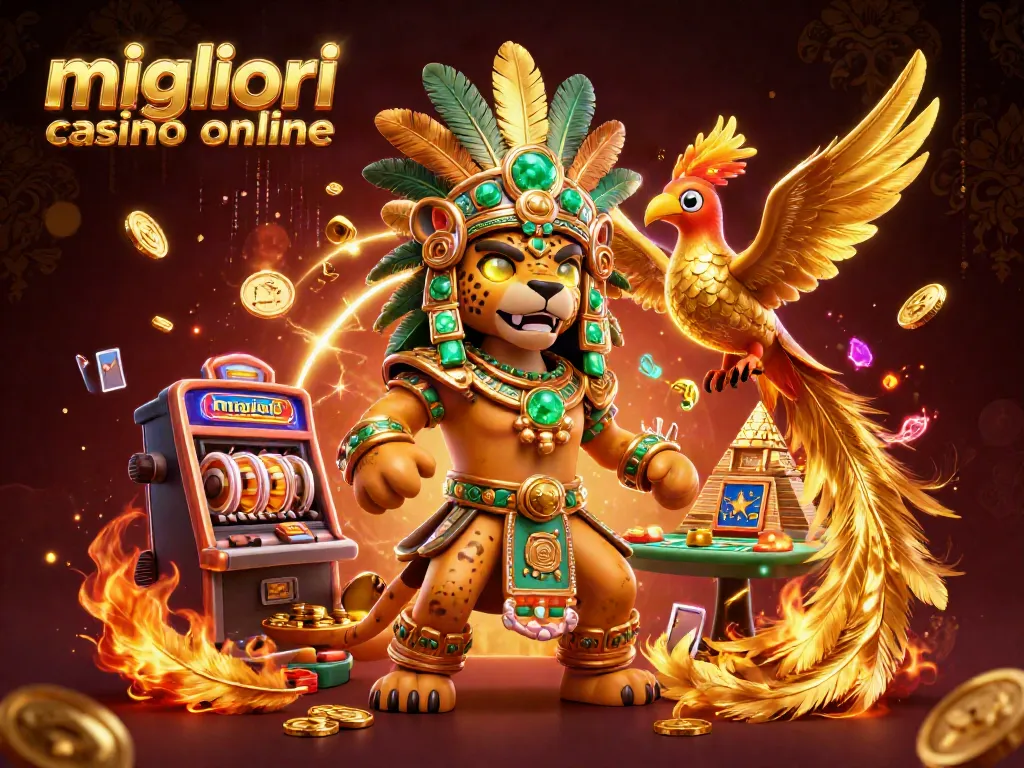 Migliori casino online con un illustrazione vibrante di un sacerdote giaguaro e un uccello quetzal tra giochi di slot, monete e atmosfere coinvolgenti.