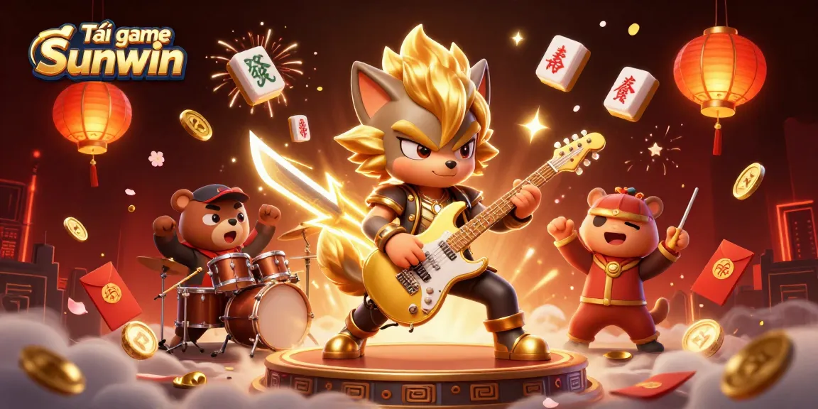 Tải game Sunwin features a 3D cartoon rock star wolf playing guitar on an electrifying casino stage.