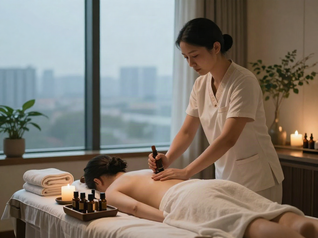 Experience serene 서울출장안마 with a massage therapist preparing aromatherapy in a tranquil private space.